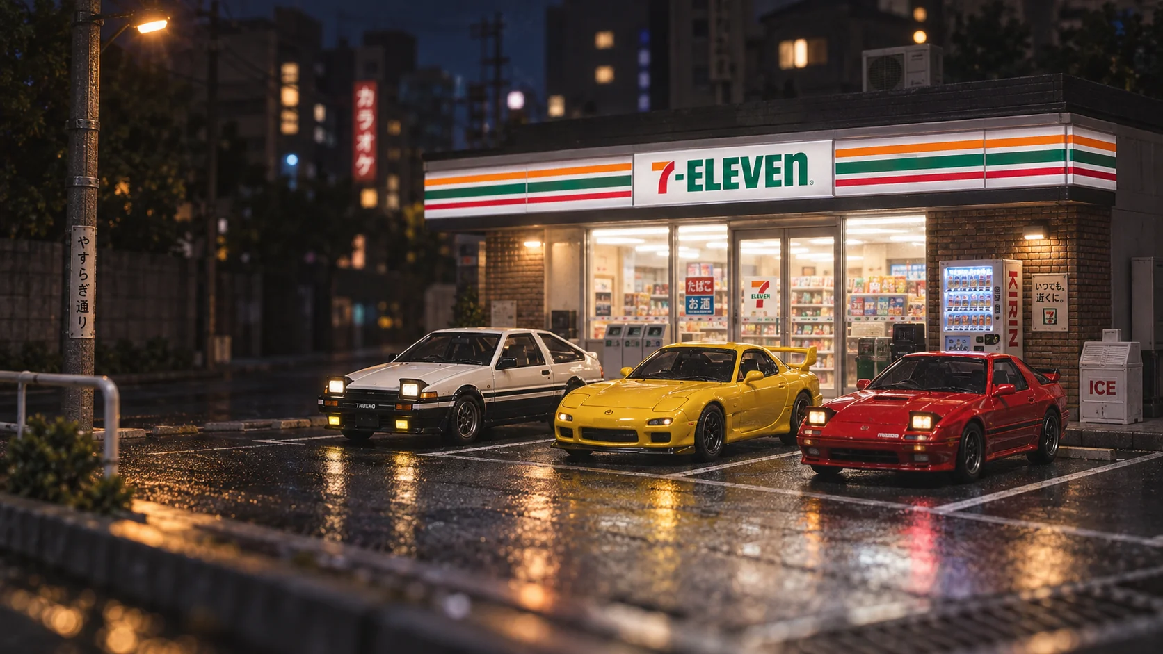 Miniature panda AE86, yellow RX-7 FD and red RX-7 FC parked outside a glowing 7-Eleven in a late-night city diorama
